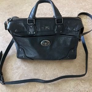 Coach satchel black leather purse with handles and boho style strap
